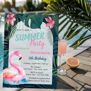 Tropical Palm Leaf,Pink Flamingos Birthday  Invitation