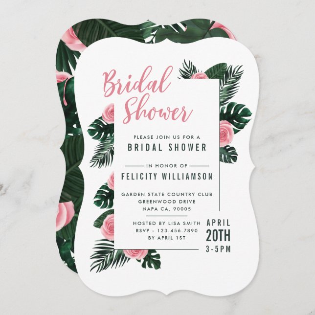 Tropical Palm Leaf Pink Roses Bridal Shower Invitation (Front/Back)