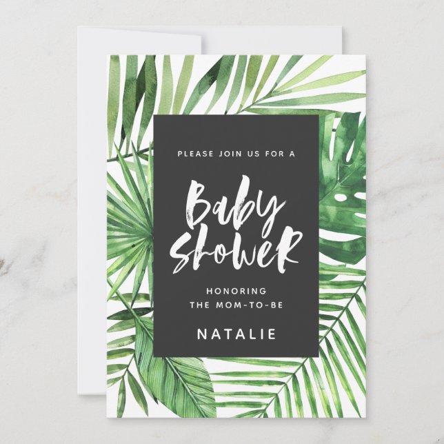Tropical palm leaf & script baby shower invitation (Front)