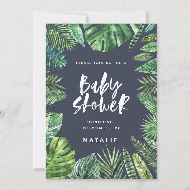 Tropical palm leaf & script baby shower invitation (Front)