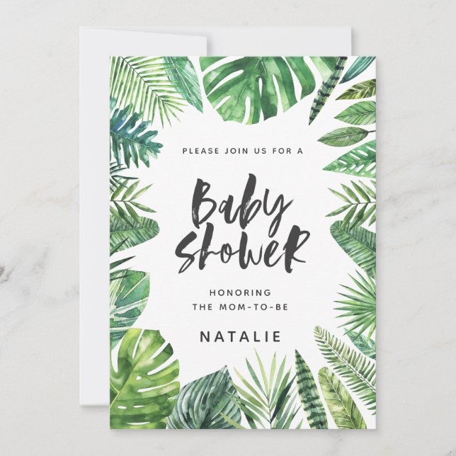 Tropical palm leaf & script baby shower invitation (Front)