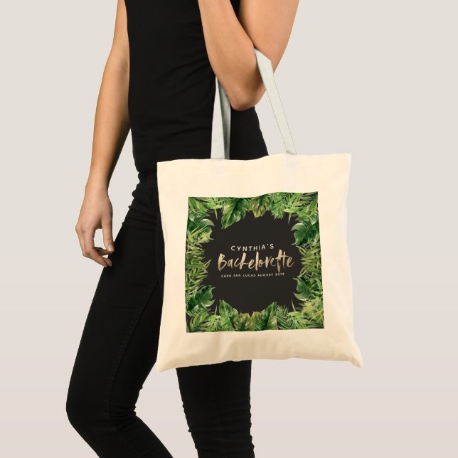Tropical palm leaf & script gold bachelorette  tote bag (Front (Product))