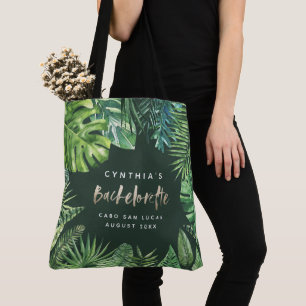 Tropical palm leaf & script gold bachelorette tote bag
