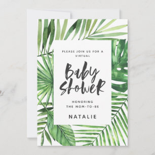 Tropical palm leaf script virtual baby shower save the date