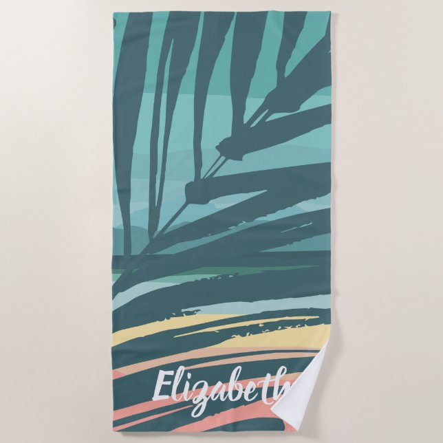 Tropical Palm Leaf Sunset Custom Name Beach Towel (Front)