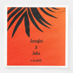 Tropical Palm Leaf Sunset Orange Modern Wedding Napkin