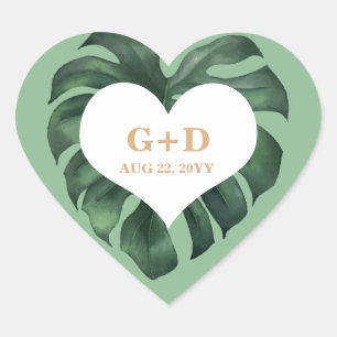 Tropical Palm Leaf Wedding Heart Sticker