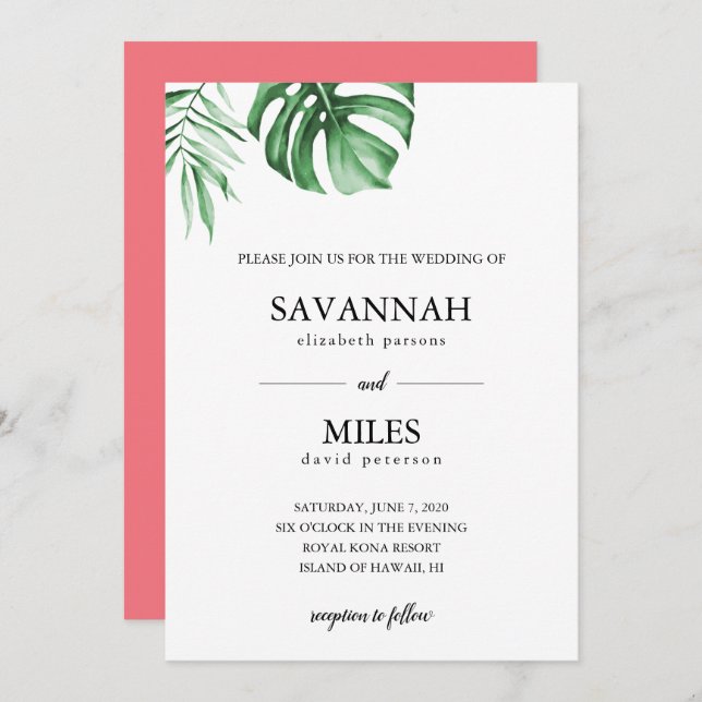 Tropical palm leaf wedding invitation (Front/Back)