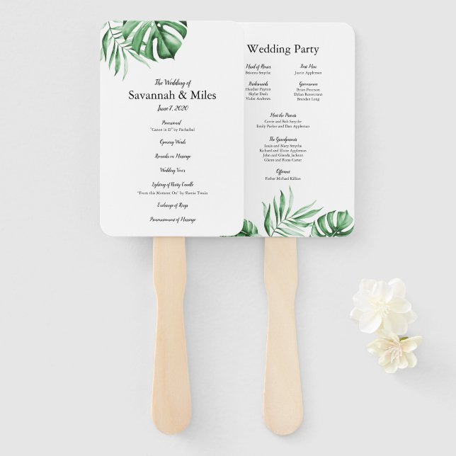Tropical palm leaf wedding program fans (Front and Back)