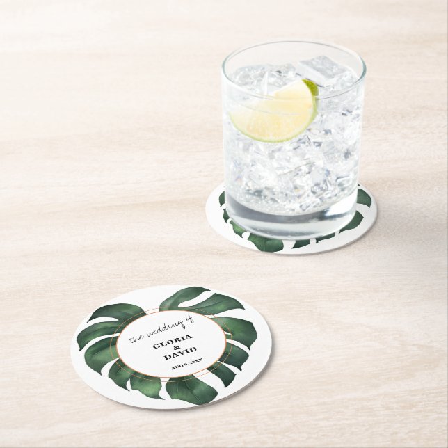 Tropical Palm Leaf  Wedding Round Paper Coaster (Insitu)