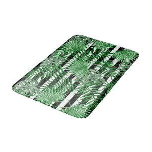 Tropical Palm Leafs Black White Stripes Pattern Bath Mat