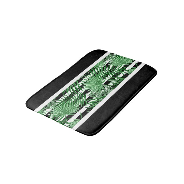 Tropical Palm Leafs Black White Stripes Pattern Bath Mat (Angled)
