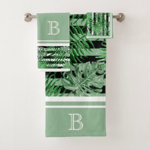 Tropical Palm Leafs Black White Stripes Pattern Bath Towel Set