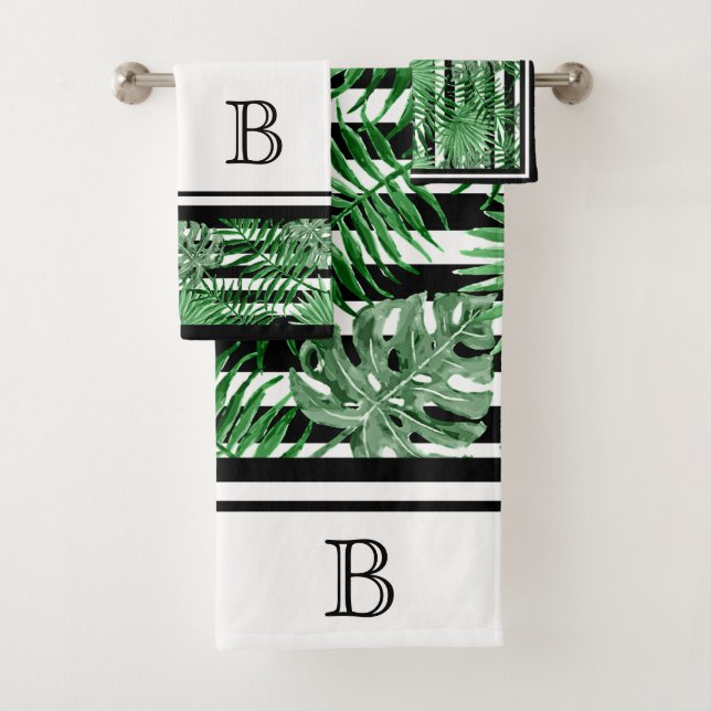 Tropical Palm Leafs Black White Stripes Pattern Bath Towel Set (Insitu)