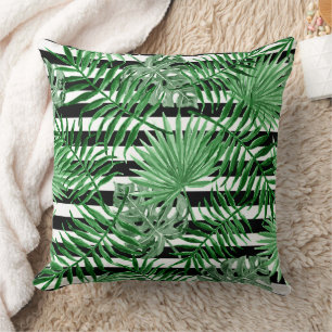 Tropical Palm Leafs Black White Stripes Pattern Cushion