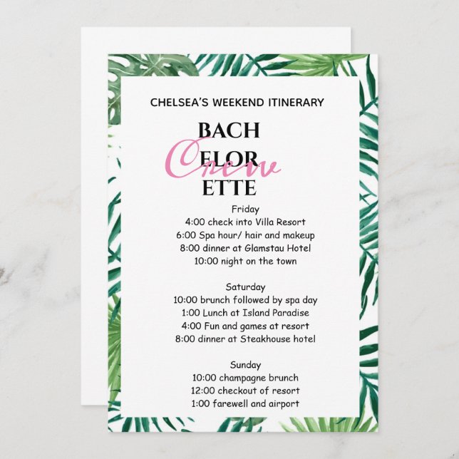 Tropical Palm Leafy Bachelorette Weekend itinerary Invitation (Front/Back)