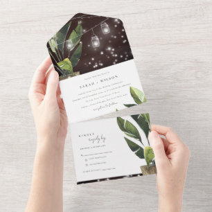TROPICAL PALM LEAFY FOLIAGE STRING LIGHTS WEDDING  ALL IN ONE INVITATION