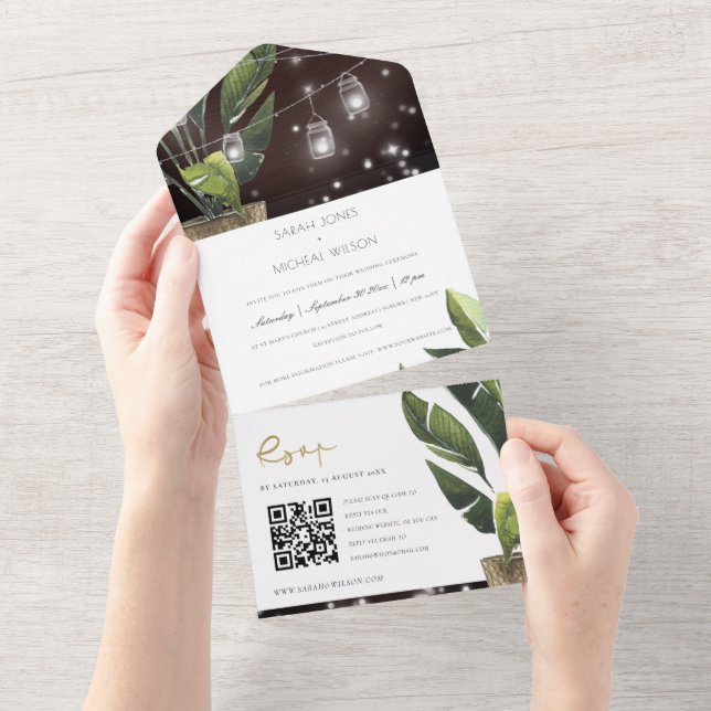 Tropical Palm Leafy String Lights Wedding QR Code All In One Invitation (Tearaway)