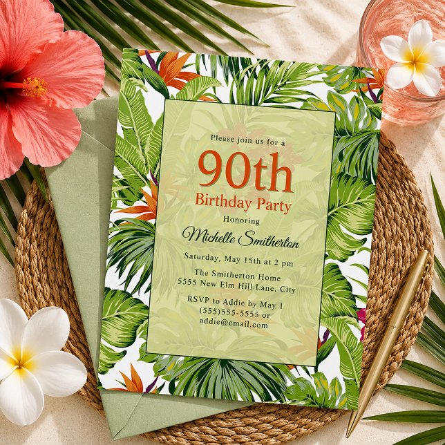 Tropical Palm Leaves 90th Birthday Invitation (Tropical palm leaves 90th birthday party invitation)