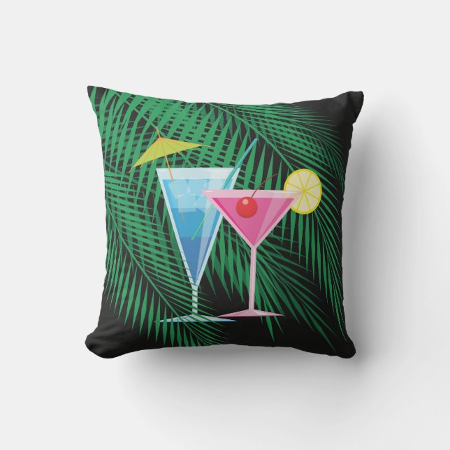 Tropical Palm Leaves and Cocktails Outdoor Pillow (Front)