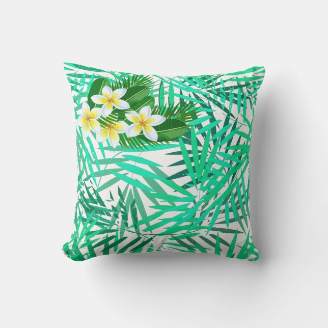 Tropical Palm Leaves and Flowers pattern Cushion (Front)