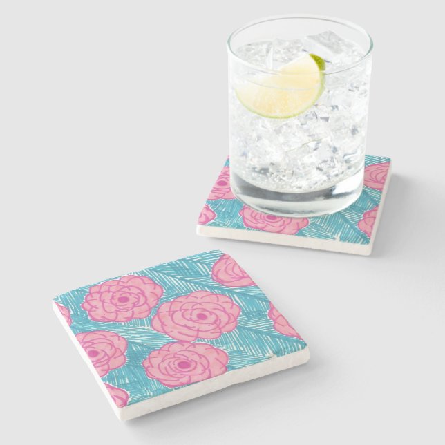 Tropical Palm Leaves and Flowers Stone Coaster (Side)