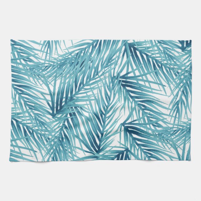 Tropical Palm Leaves Aqua Watercolor Tea Towel (Horizontal)