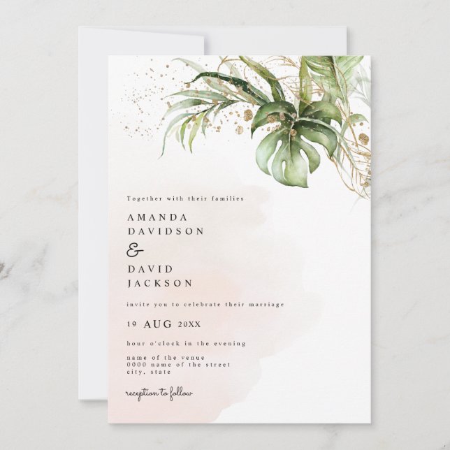 Tropical Palm Leaves Beach Gold Wedding Invitation (Front)