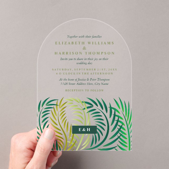 Tropical Palm Leaves, Beach Wedding Acrylic Invitations (Insitu (Handheld))