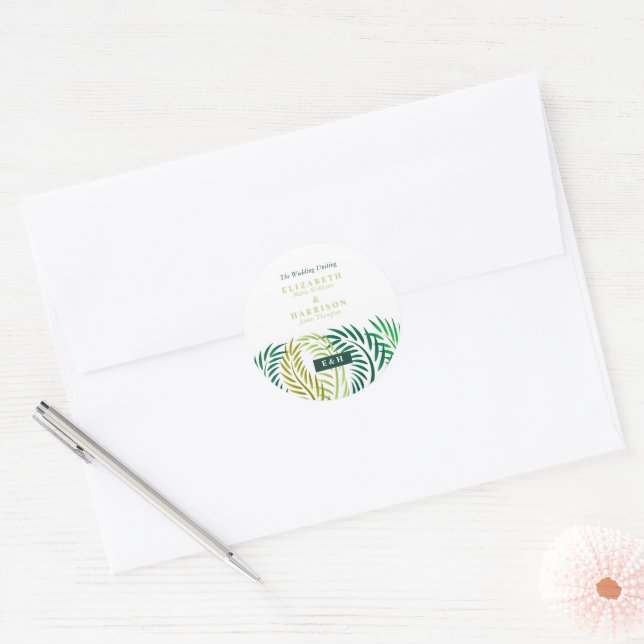 Tropical Palm Leaves, Beach Wedding Classic Round Sticker (Envelope)