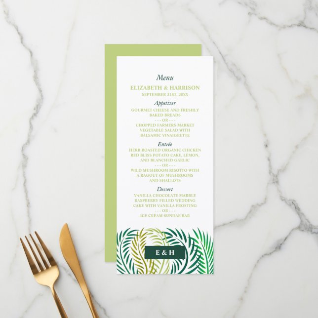 Tropical Palm Leaves, Beach Wedding Menu (Front/Back In Situ)