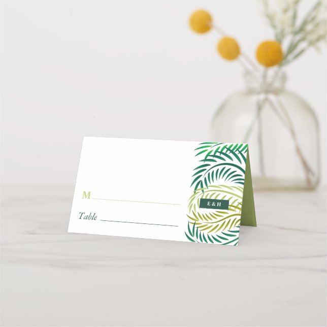 Tropical Palm Leaves, Beach Wedding Place Card (Front)
