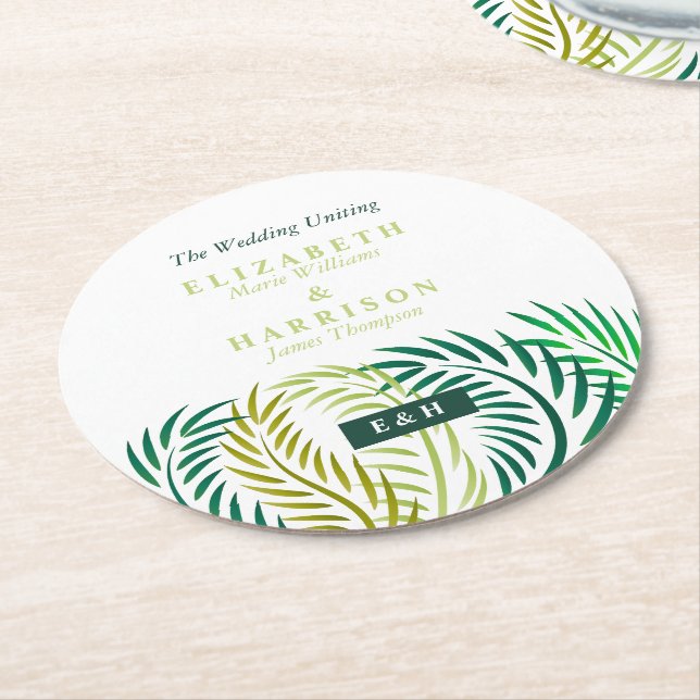 Tropical Palm Leaves, Beach Wedding Round Paper Coaster (Angled)