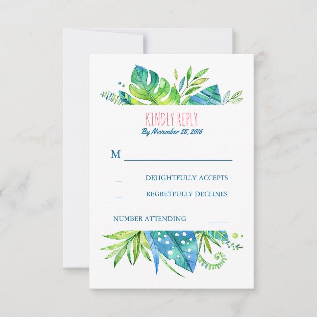 tropical palm leaves beach wedding rsvp (Front)