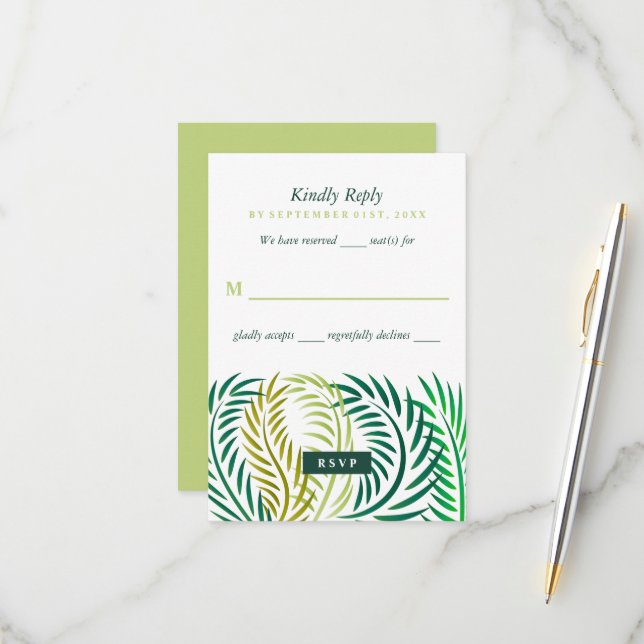 Tropical Palm Leaves, Beach Wedding RSVP Card (Front/Back In Situ)