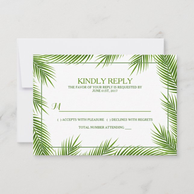 Tropical Palm Leaves Beach Wedding RSVP Card (Front)