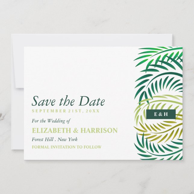 Tropical Palm Leaves, Beach Wedding Save The Date (Front)
