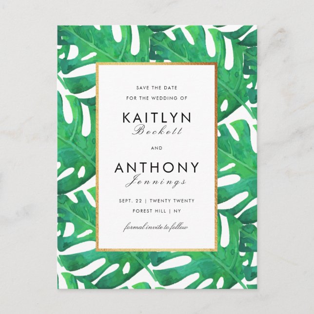 Tropical Palm Leaves Beach Wedding Save The Date Announcement Postcard (Front)