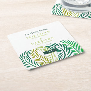 Tropical Palm Leaves, Beach Wedding Square Paper Coaster