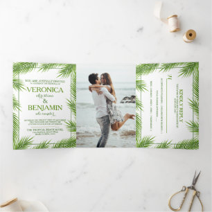 Tropical Palm Leaves Beach Wedding Suite Tri-Fold Invitation