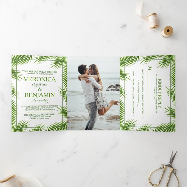Tropical Palm Leaves Beach Wedding Suite Tri-Fold Invitation (Inside)