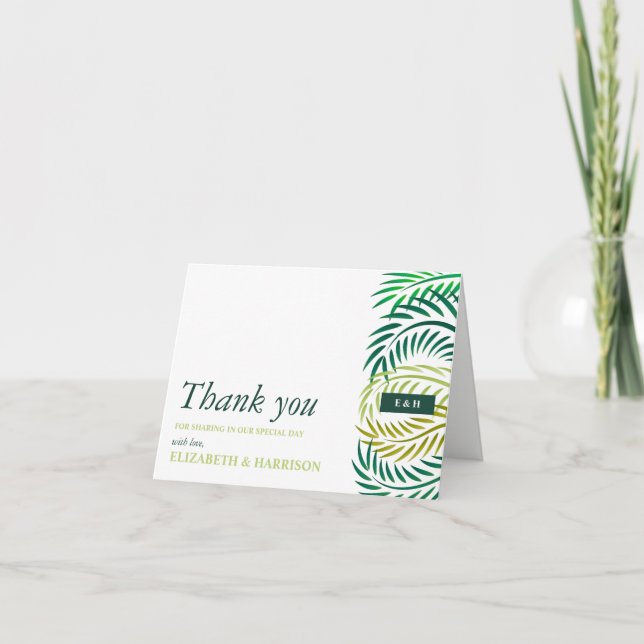 Tropical Palm Leaves, Beach Wedding Thank You Card (Front)