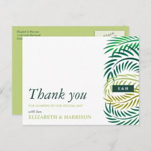 Tropical Palm Leaves, Beach Wedding Thank You Postcard