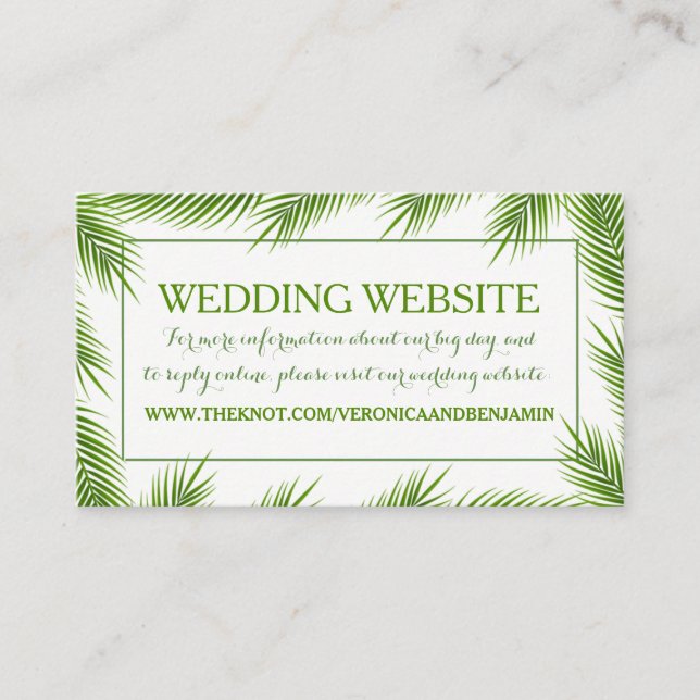 Tropical Palm Leaves Beach Wedding Website Enclosure Card (Front)