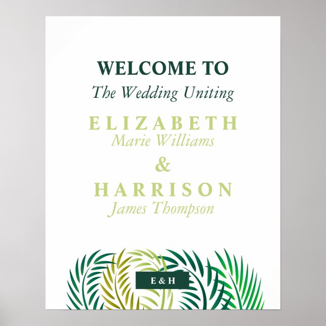 Tropical Palm Leaves, Beach Wedding Welcome Poster (Front)