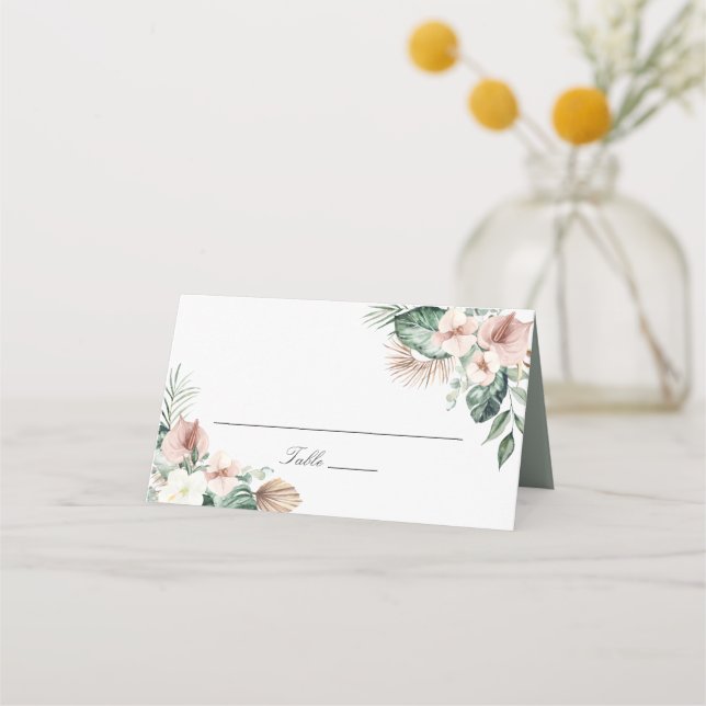 Tropical Palm Leaves Blush Floral Wedding Table Place Card (Front)