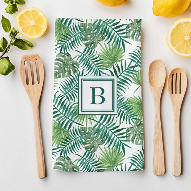 Tropical Palm Leaves Botanical Pattern Monogram Tea Towel (Tropical Palm Leaves Botanical Pattern Monogram Kitchen Towel)