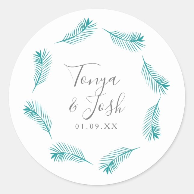 Tropical Palm Leaves Circular Logo Wedding Classic Round Sticker (Front)