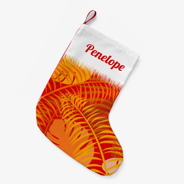Tropical Palm Leaves Cosy Orange Red Small Christmas Stocking (Front (Hanging))