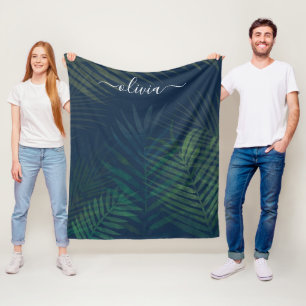 Tropical Palm Leaves – Dark Green Jungle Botanical Fleece Blanket